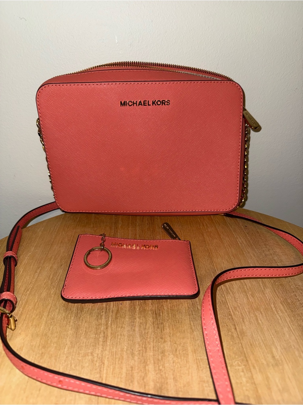 Michael Kors Coral Saffiano Crossbody Bag with Card Holder